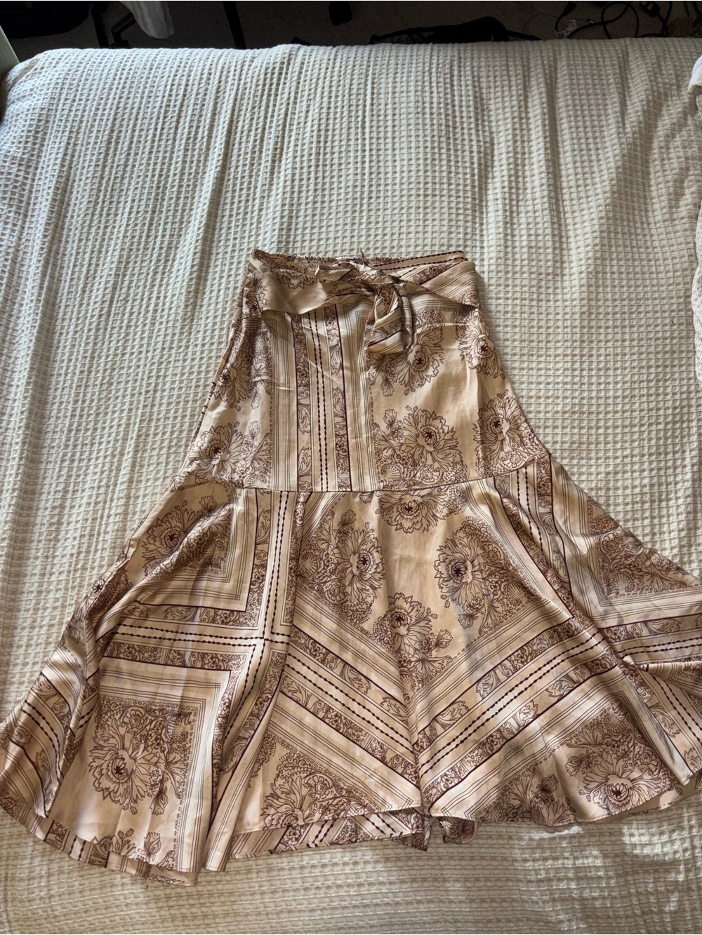 Free People Beige Floral Satin A-Line Midi Skirt